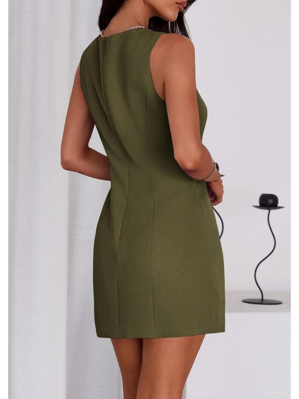 Pretty Garden Women's Army Green Sleeveless Button Down Elegant Mini Dress - Picture 2 of 6